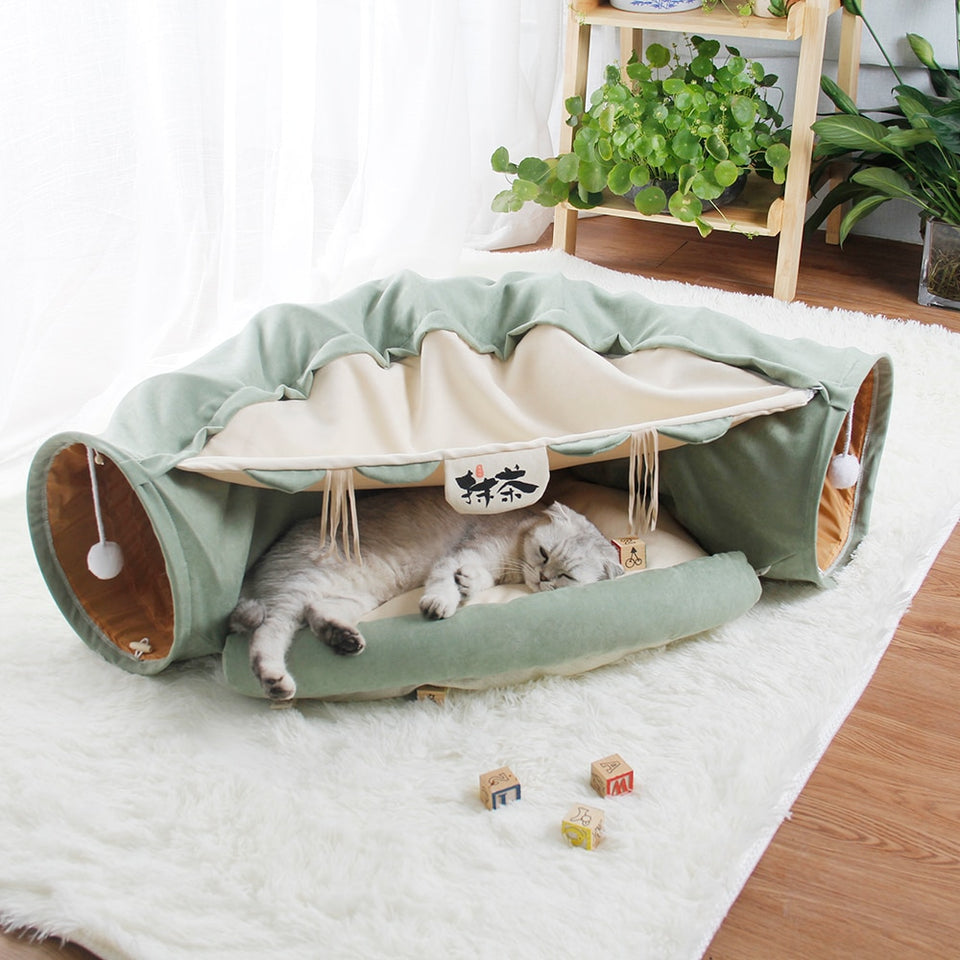 Funny Cat Bed Pet Tent 2 Holes Tunnel