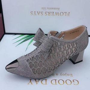 Rhinestone hollow chunky heel shoes